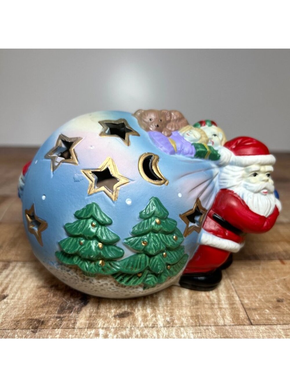 Hand-Painted Ceramic Santa Christmas Tealight Holder With Star & Moon Cutouts